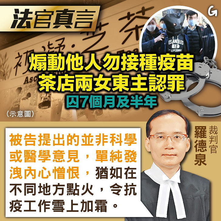 【今日網圖】法官真言：煽動他人勿接種疫苗 茶店兩女東主認罪囚7個月及半年