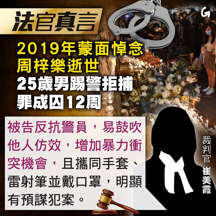 【今日網圖】法官真言:2019年蒙面悼念周梓樂逝世 25歲男踢警拒捕罪成囚12周