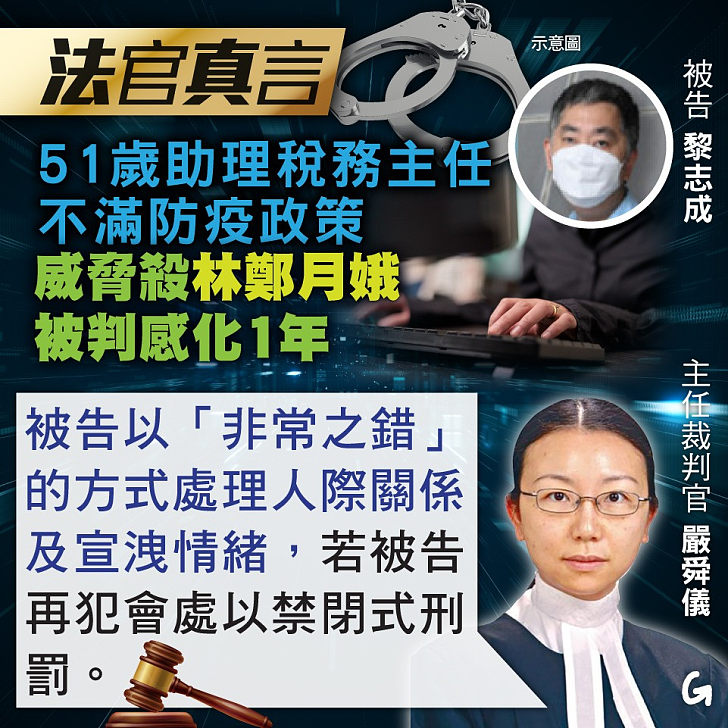 【今日網圖】51歲助理稅務主任不滿防疫政策 威脅殺林鄭月娥被判感化1年