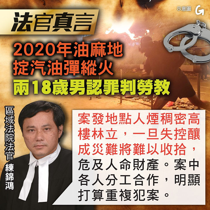 【今日網圖】法官真言：2020年油麻地掟汽油彈縱火 兩18歲男認罪判勞教