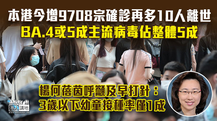 【今日疫情】本港今增9708宗確診再多10人離世 BA.4或5成主流病毒佔整體5成 楊何蓓茵：3歲以下幼童接種率僅1成、呼籲及早打針