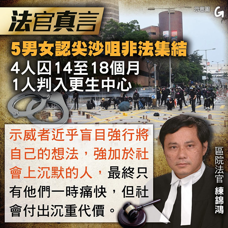 【今日網圖】法官真言：5男女認尖沙咀非法集結 4人囚14至18個月 1人判入更生中心 港人花生 港人講地