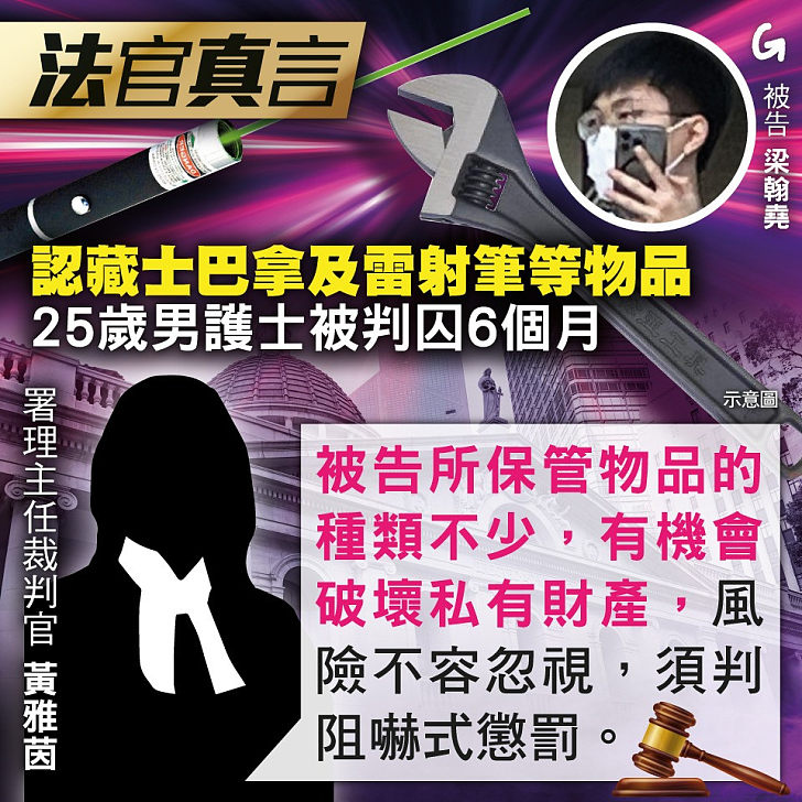 【今日網圖】法官真言：認藏士巴拿及雷射筆等物品 25歲男護士被判囚6個月