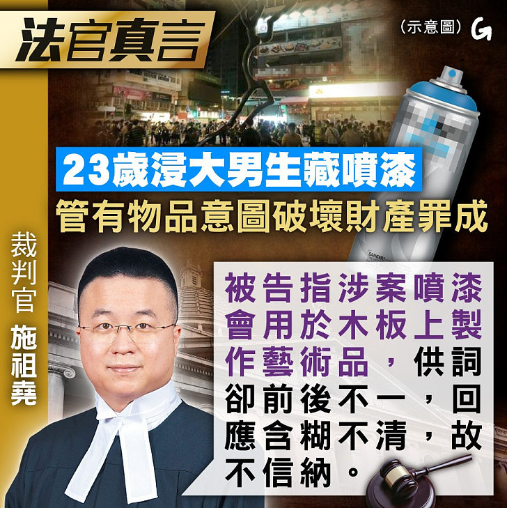 【今日網圖】法官真言：23歲浸大男生藏噴漆 管有物品意圖破壞財產罪成