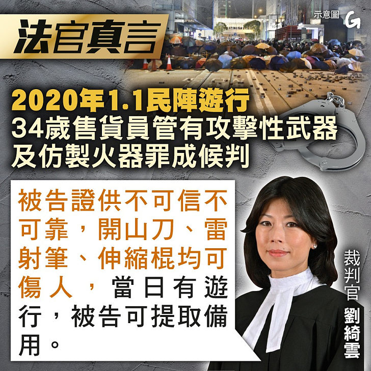 【今日網圖】法官真言：2020年1.1民陣遊行 34歲售貨員管有攻擊性武器及仿製火器罪成候判