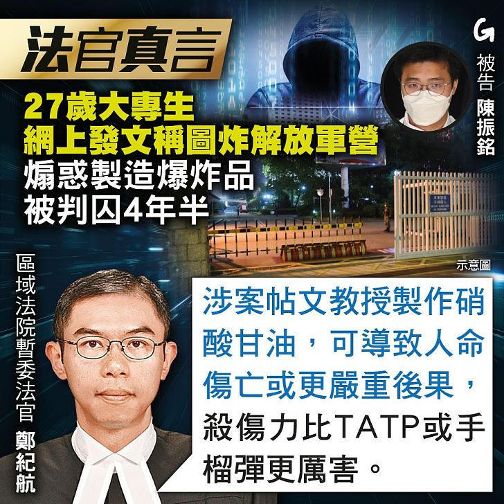 【今日網圖】法官真言：27歲大專生網上發文稱圖炸解放軍營 煽惑製造爆炸品被判囚4年半