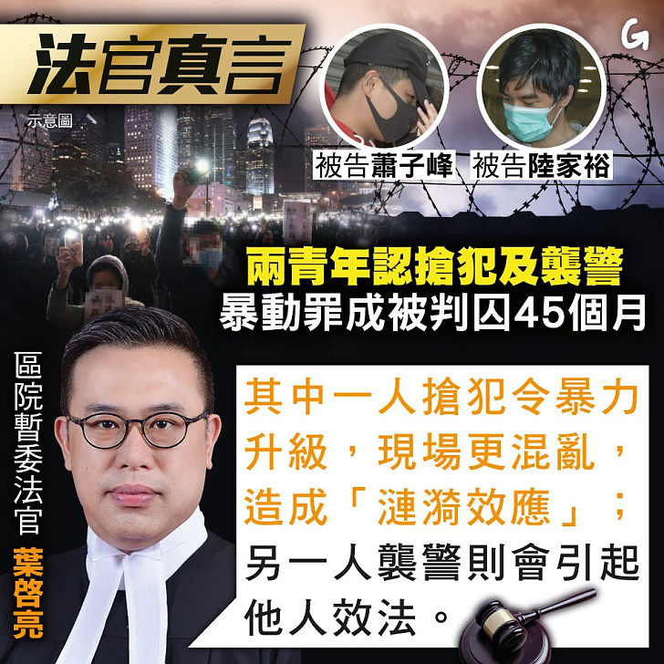 【今日網圖】法官真言：兩青年認搶犯及襲警 暴動罪成被判囚45個月