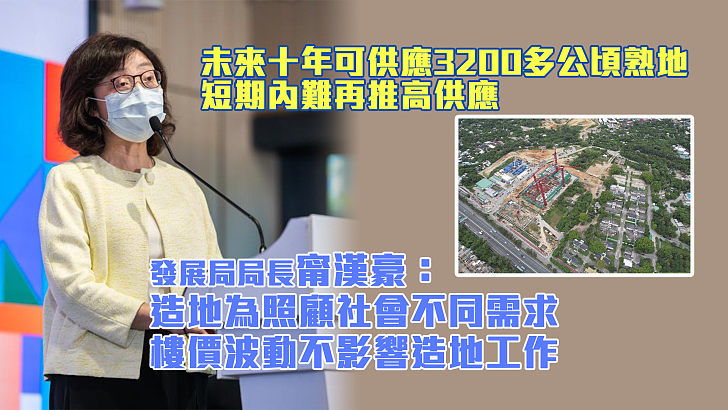 【房屋問題】未來十年可供應3200多公頃熟地 短期內難再推高供應 甯漢豪:造地為照顧社會不同需求 樓價波動不影響造地工作