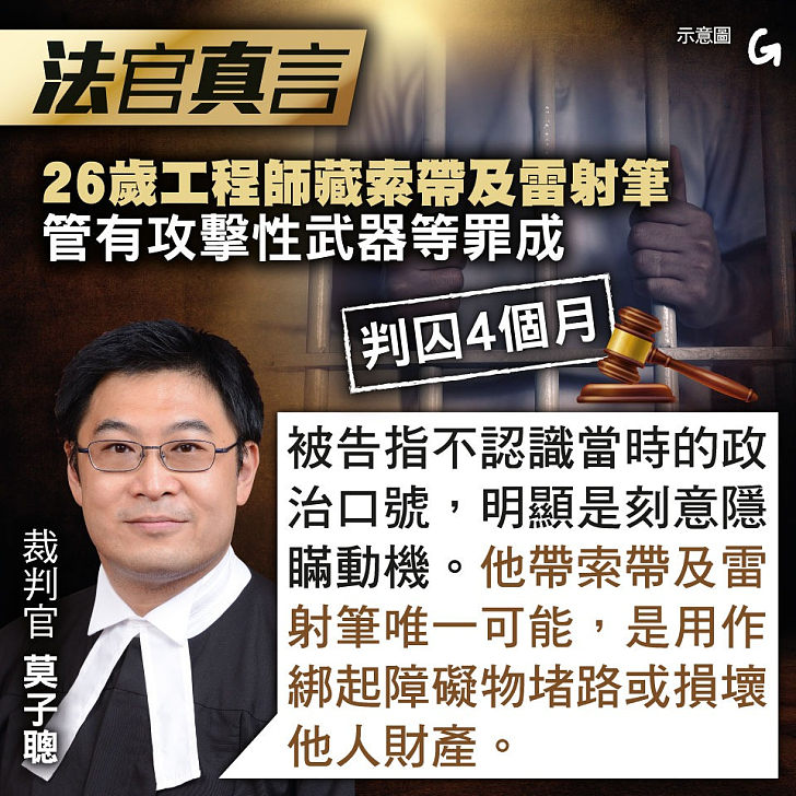 【今日網圖】法官真言：26歲工程師藏索帶及雷射筆 管有攻擊性武器等罪成判囚4個月