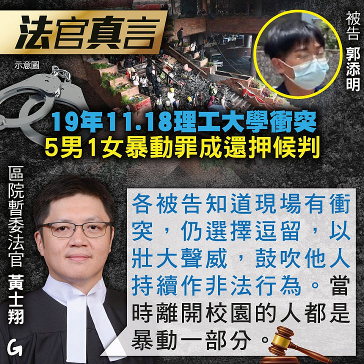 【今日網圖】法官真言：19年11.18理工大學衝突 5男1女暴動罪成還押候判