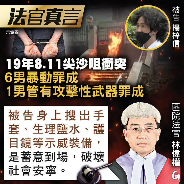 【今日網圖】法官真言：19年8.11尖沙咀衝突 6男暴動罪成 1男管有攻擊性武器罪成