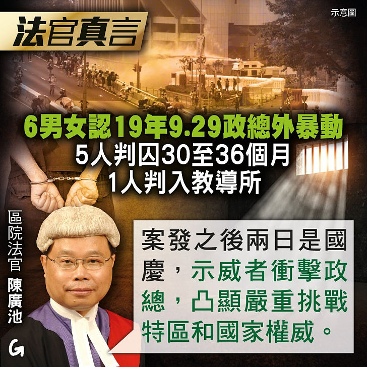 【今日網圖】法官真言：6男女認19年9.29政總外暴動 5人判囚30至36個月、1人判入教導所