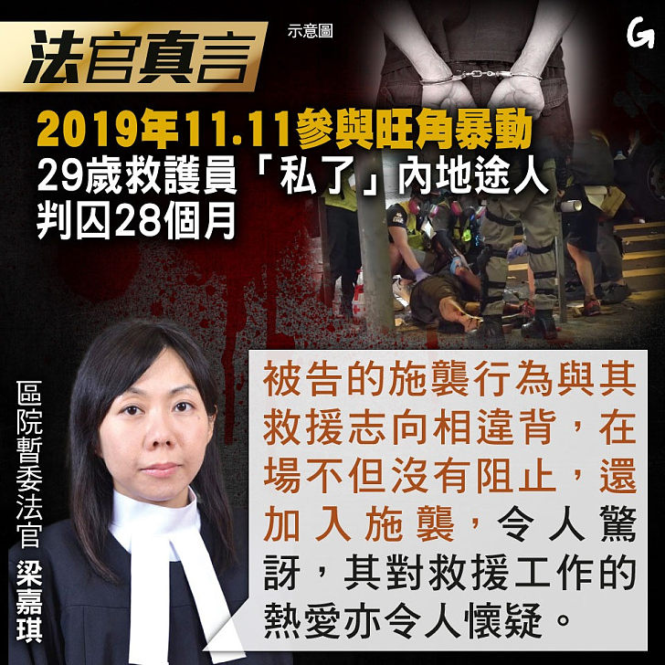 【今日網圖】法官真言：2019年11.11參與旺角暴動 29歲救護員「私了」內地途人判囚28個月