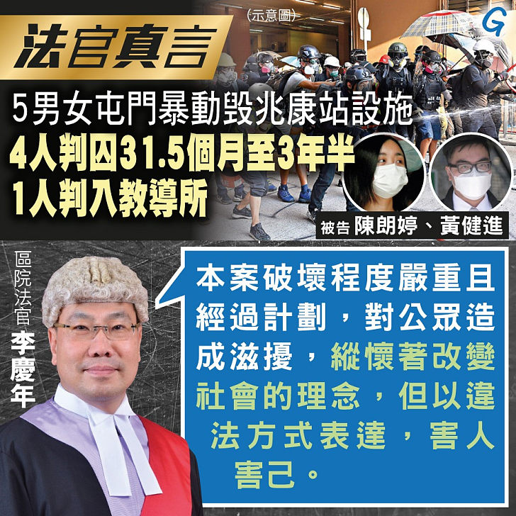 【今日網圖】法官真言：5男女屯門暴動毁兆康站設施 4人判囚31.5個月至3年半 1人判入教導所