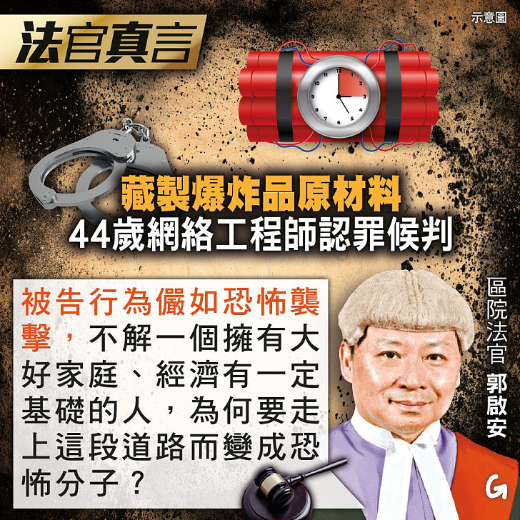 【今日網圖】法官真言：藏製爆炸品原材料 44歲網絡工程師認罪候判