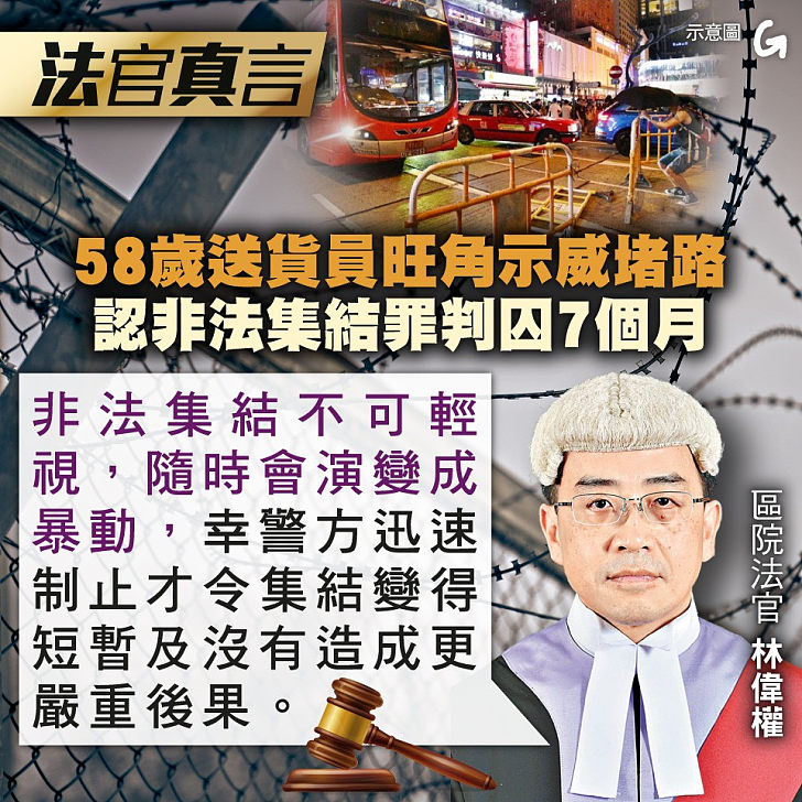 【今日網圖】法官真言：58歲送貨員旺角示威堵路 認非法集結罪判囚7個月