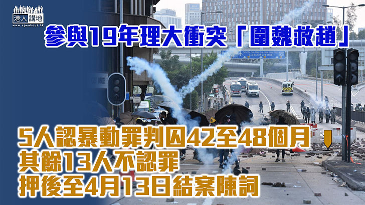 【理大衝突】參與19年理大外「圍魏救趙」 5人認暴動罪判囚42至48個月、其餘13人不認罪