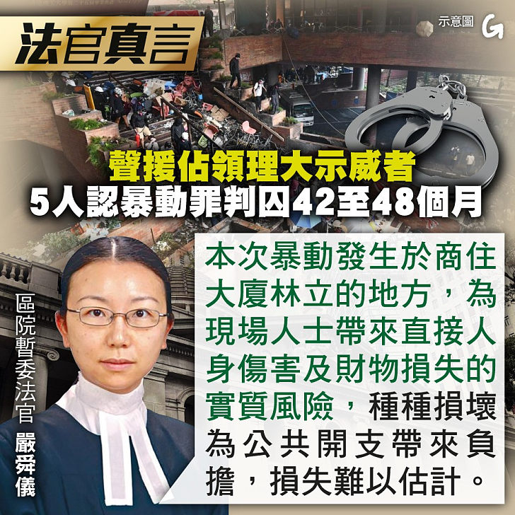 【今日網圖】法官真言：聲援佔領理大示威者 5人認暴動罪囚42至48個月