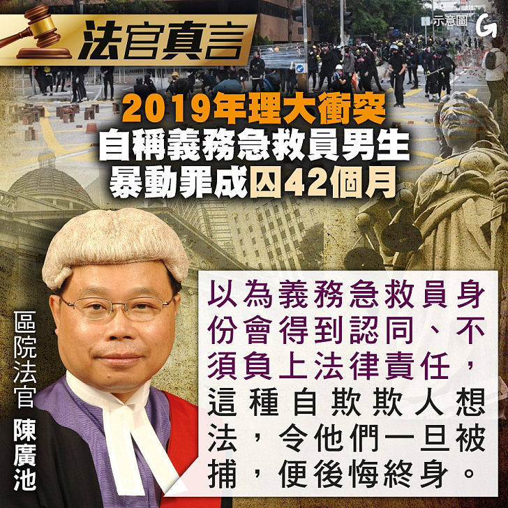 【今日網圖】法官真言：2019年理大衝突 自稱義務急救員男生暴動罪成囚42個月 港人花生 港人講地