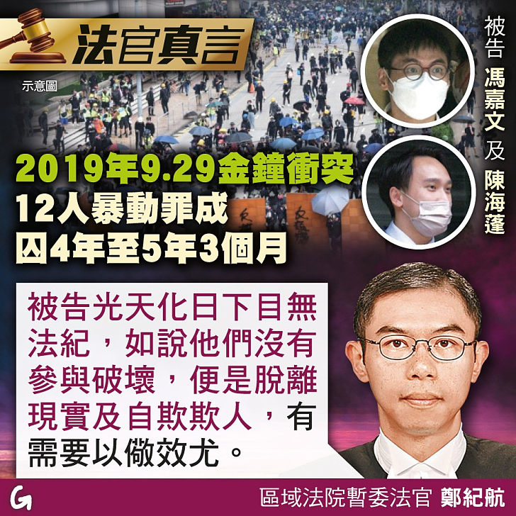 【今日網圖】法官真言：2019年9.29金鐘衝突 12人暴動罪成囚4年至5年3個月