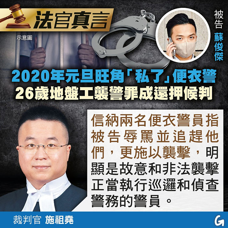 【今日網圖】法官真言：2020年元旦旺角「私了」便衣警 26歲地盤工襲警罪成還押候判