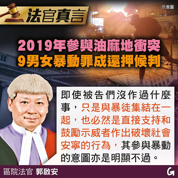 【今日網圖】法官真言：2019年參與油麻地衝突 9男女暴動罪成還押候判