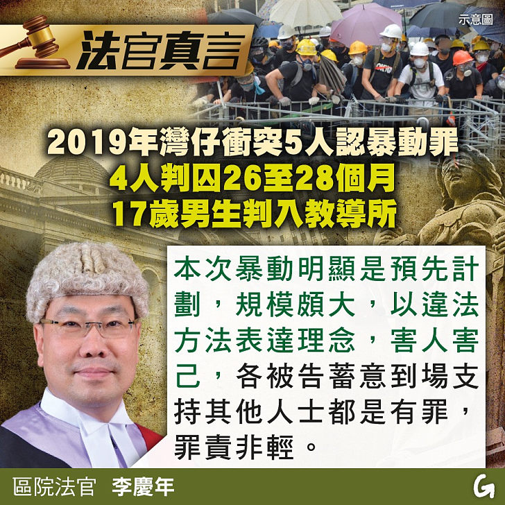 【今日網圖】法官真言：2019年灣仔衝突5人認暴動罪 4人判囚26至28個月 17歲男生判入教導所