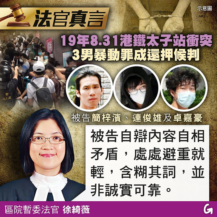 【今日網圖】法官真言：19年8.31港鐵太子站衝突 3男暴動罪成還押候判