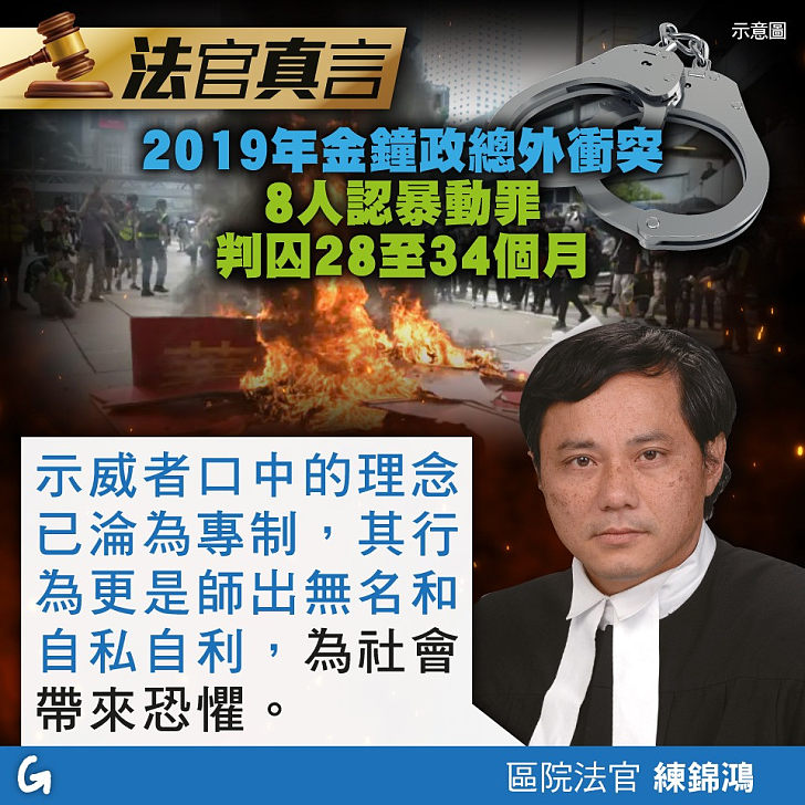 【今日網圖】法官真言：2019年金鐘政總外衝突 8人認暴動罪判囚28至34個月