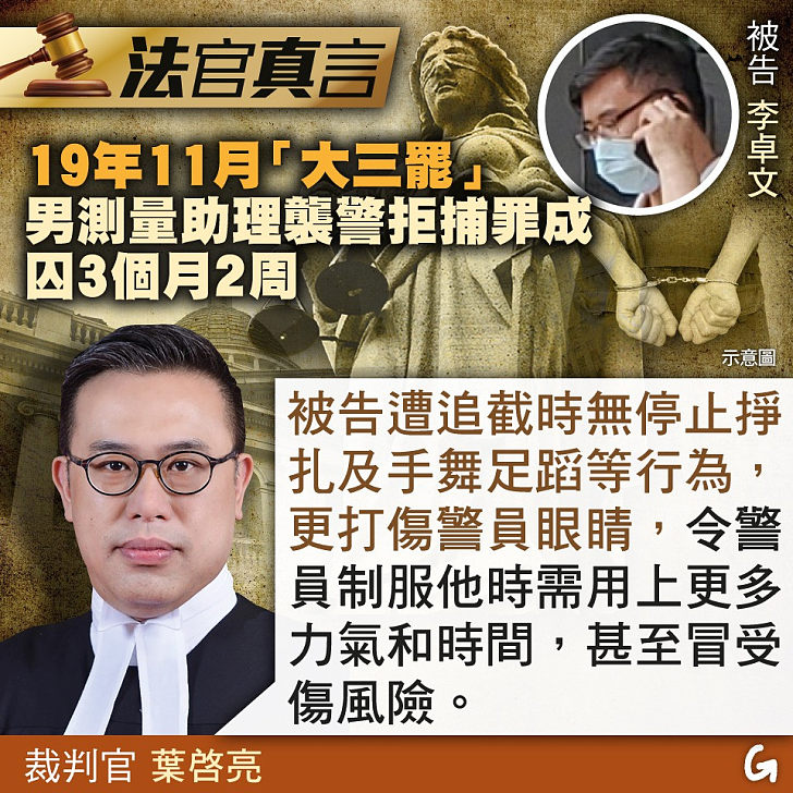【今日網圖】法官真言：19年11月「大三罷」 男測量助理襲警拒捕罪成囚3個月2周
