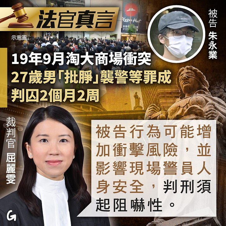 【今日網圖】法官真言：19年9月淘大商場衝突 27歲男「批㬹」襲警等罪成、判囚2個月2周