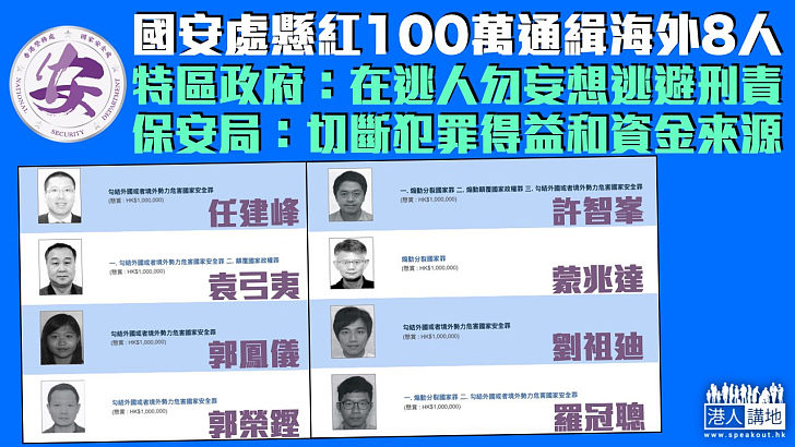 【維護國安】國安處懸紅100萬通緝海外8人 特區政府：在逃人勿妄想逃避刑責 保安局：切斷犯罪得益和資金來源