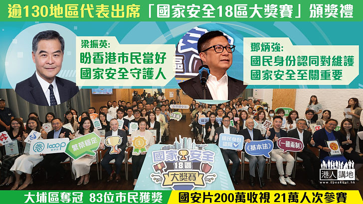【全民維護國安】逾130地區代表出席「國家安全18區大獎賽」頒獎禮 國安片200萬收視 21萬人次參賽 「最具人氣獎」大埔區奪冠 83位市民獲個人獎 梁振英：盼市民當好國家安全守護人 鄧炳強：國民身份認同對維護國家安全至關重要