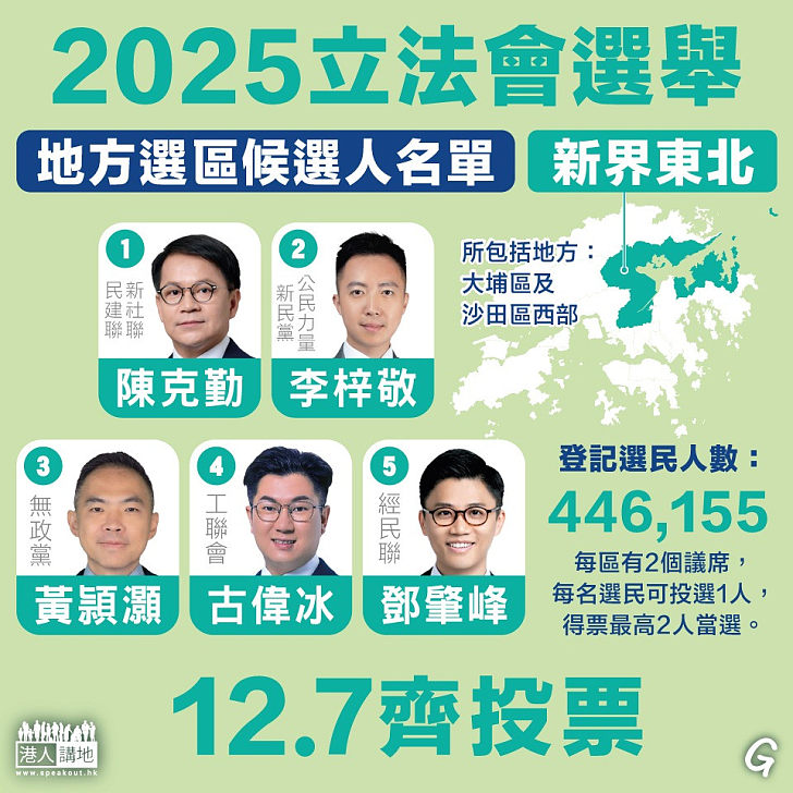 【今日網圖】立法會選舉小百科：地方選區（新界東北）