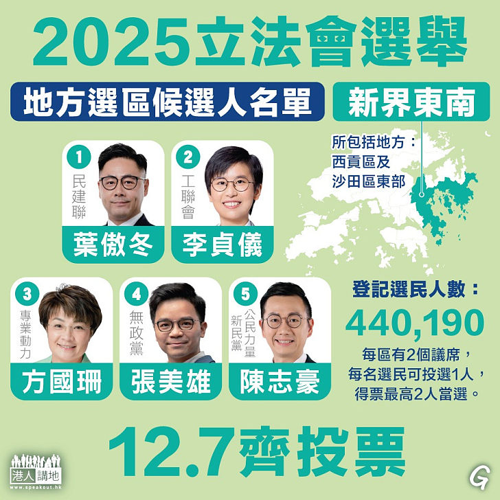 【今日網圖】立法會選舉小百科：地方選區（新界東南）