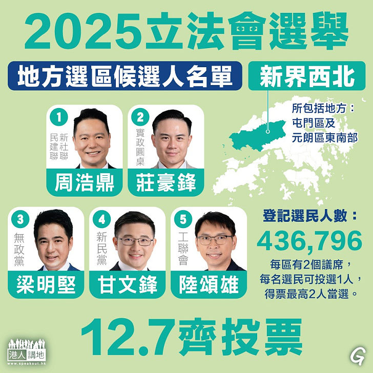 【今日網圖】立法會選舉小百科：地方選區（新界西北）