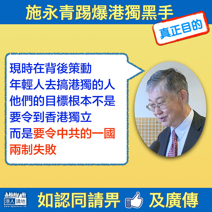 【仇共蒙蔽】施永青:在背後策動年輕人去搞港獨的人 是要令中共的一國兩制失敗
