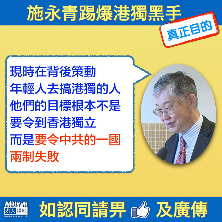 【仇共蒙蔽】施永青：在背後策動年輕人去搞港獨的人  是要令中共的一國兩制失敗