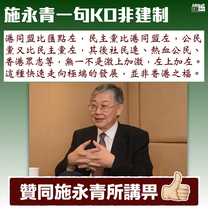 【一語中的】施永青一句KO非建制：民主派冒起基本全憑信念，鬥左、鬥激 這種極端發展非香港之福